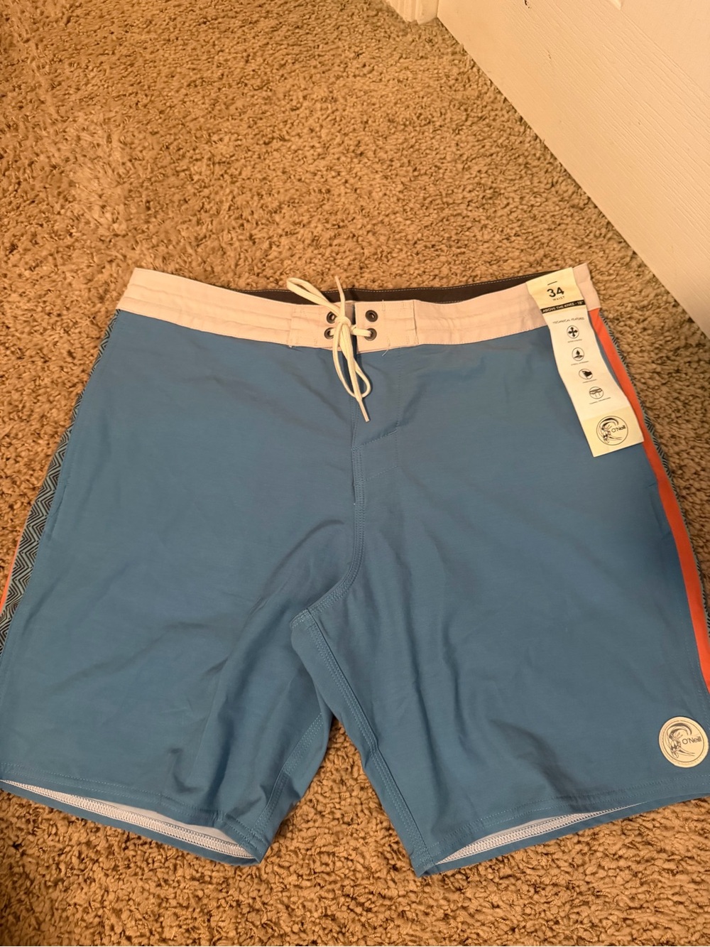 O'Neill Blue Swim Board Shorts with White Waistband and Orange Trim